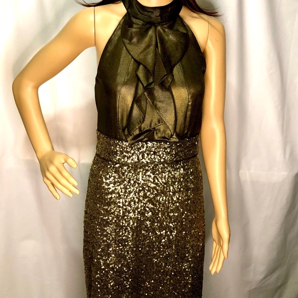 Antonio Melani Bronze And Gold Halter Dress With Sequins, Size 6 - Picture 1 of 11